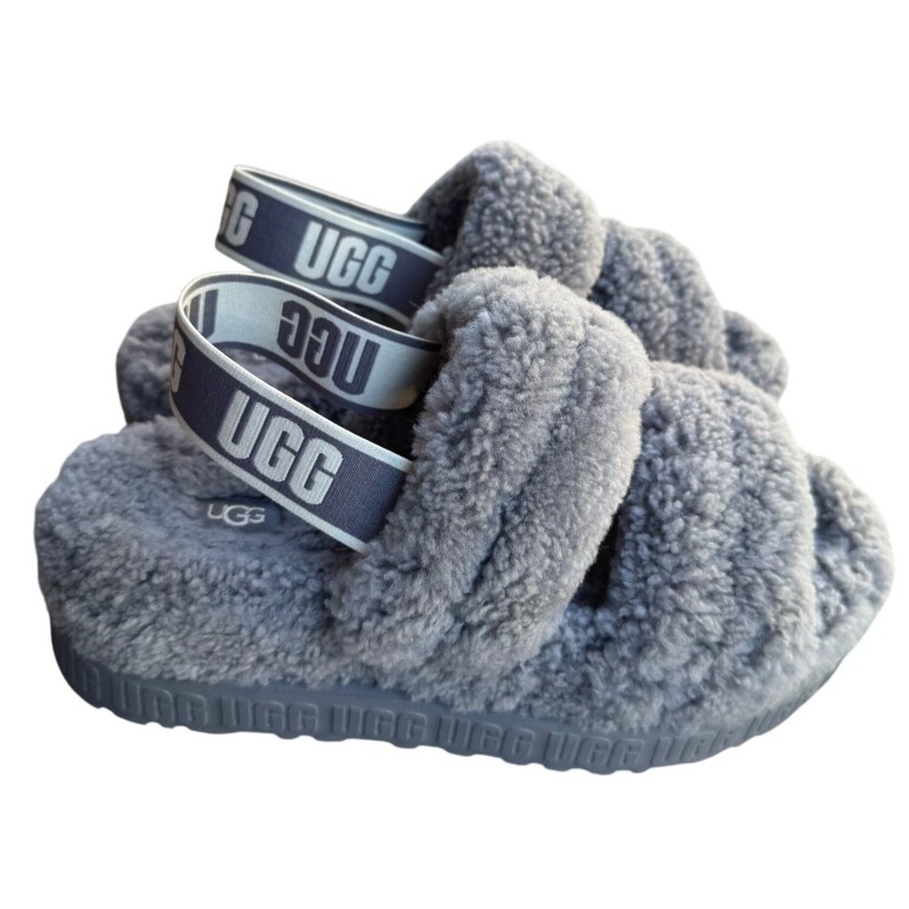 UGG Womens Fluff Yeah Slide Sandals Size 9 Sheepskin & Wool Gray